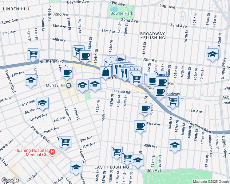 map of restaurants, bars, coffee shops, grocery stores, and more near 15702 Station Road in Queens