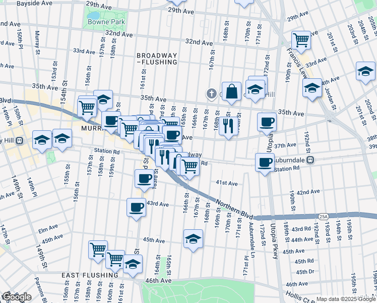 map of restaurants, bars, coffee shops, grocery stores, and more near 36-06 166th Street in Queens
