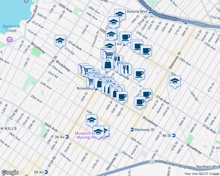 map of restaurants, bars, coffee shops, grocery stores, and more near 31-40 33rd Street in Queens