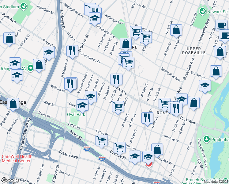 map of restaurants, bars, coffee shops, grocery stores, and more near 107 North 18th Street in East Orange