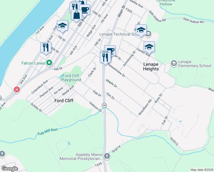 map of restaurants, bars, coffee shops, grocery stores, and more near 2200 Maple Drive in Ford City