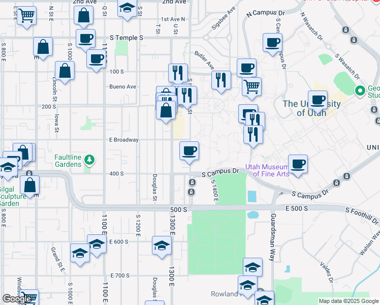 map of restaurants, bars, coffee shops, grocery stores, and more near University Street East in Salt Lake City