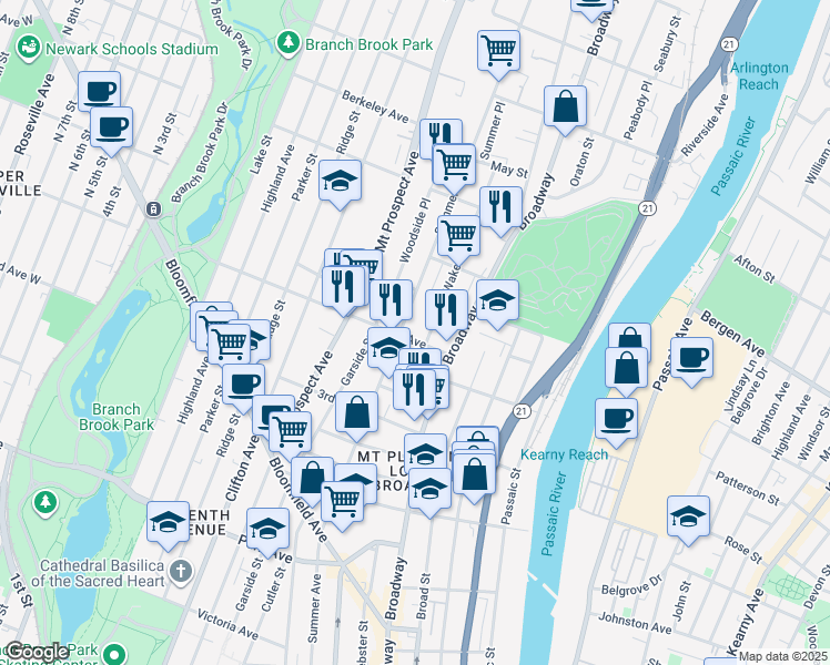 map of restaurants, bars, coffee shops, grocery stores, and more near 22 Wakeman Avenue in Newark