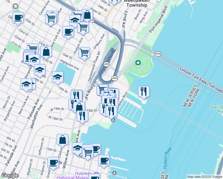 map of restaurants, bars, coffee shops, grocery stores, and more near 1500 Harbor Boulevard in Weehawken Township