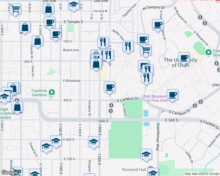 map of restaurants, bars, coffee shops, grocery stores, and more near University Street East in Salt Lake City