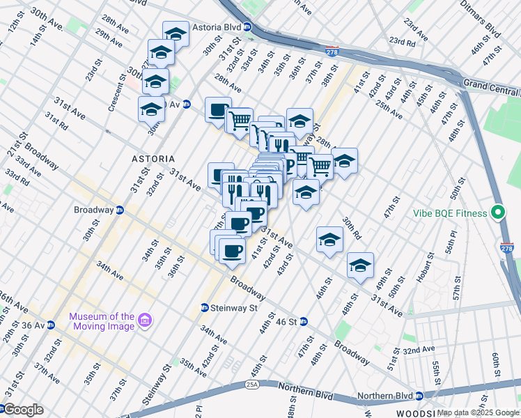 map of restaurants, bars, coffee shops, grocery stores, and more near 38-05 31st Avenue in Queens