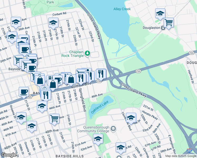 map of restaurants, bars, coffee shops, grocery stores, and more near 221-17 Northern Boulevard in Queens