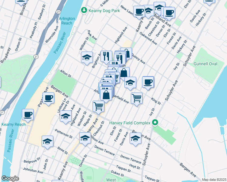 map of restaurants, bars, coffee shops, grocery stores, and more near 339 Kearny Avenue in Kearny