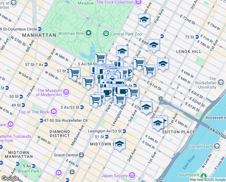 map of restaurants, bars, coffee shops, grocery stores, and more near 460 Park Avenue in New York