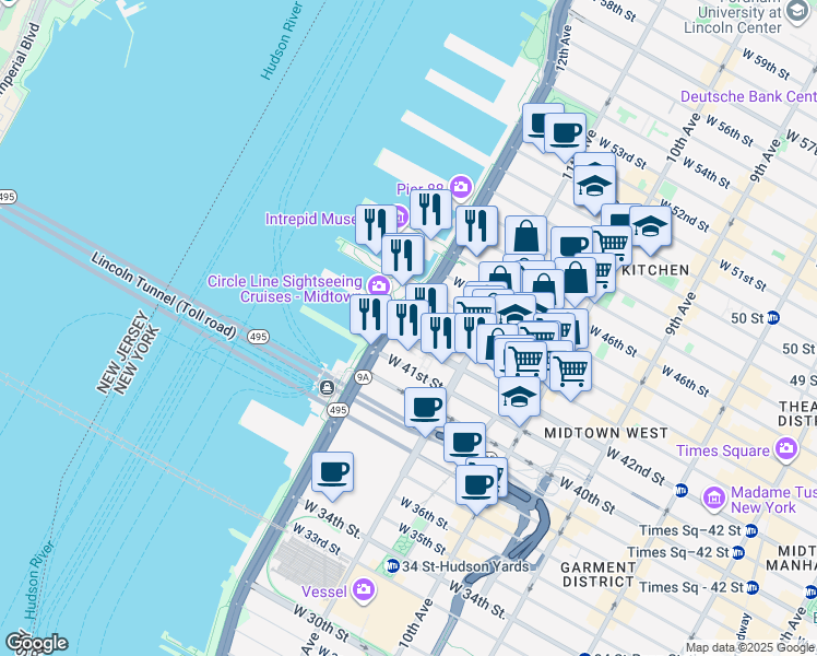 map of restaurants, bars, coffee shops, grocery stores, and more near 2005 Hudson River Greenway in New York