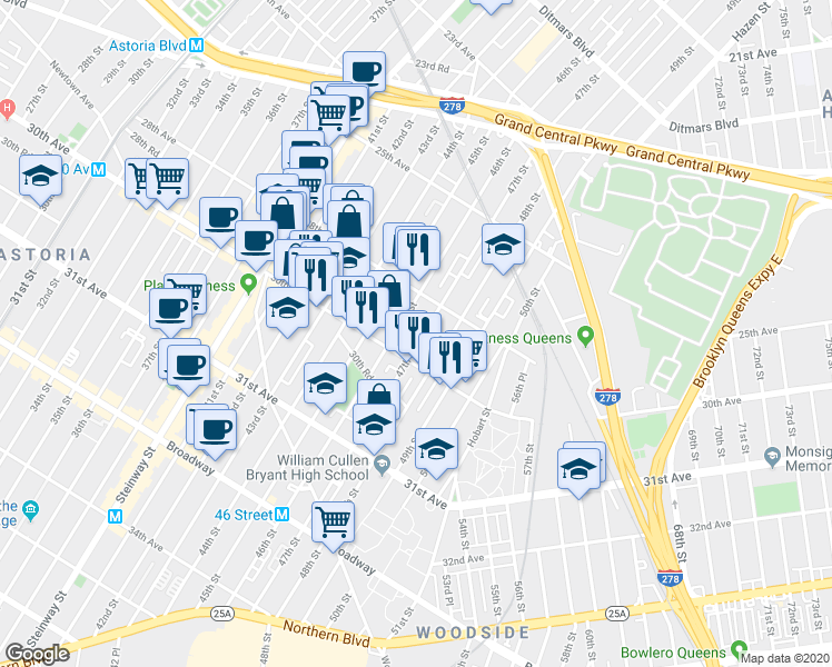 map of restaurants, bars, coffee shops, grocery stores, and more near 28-36 47th Street in Queens