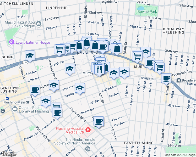 map of restaurants, bars, coffee shops, grocery stores, and more near in Queens