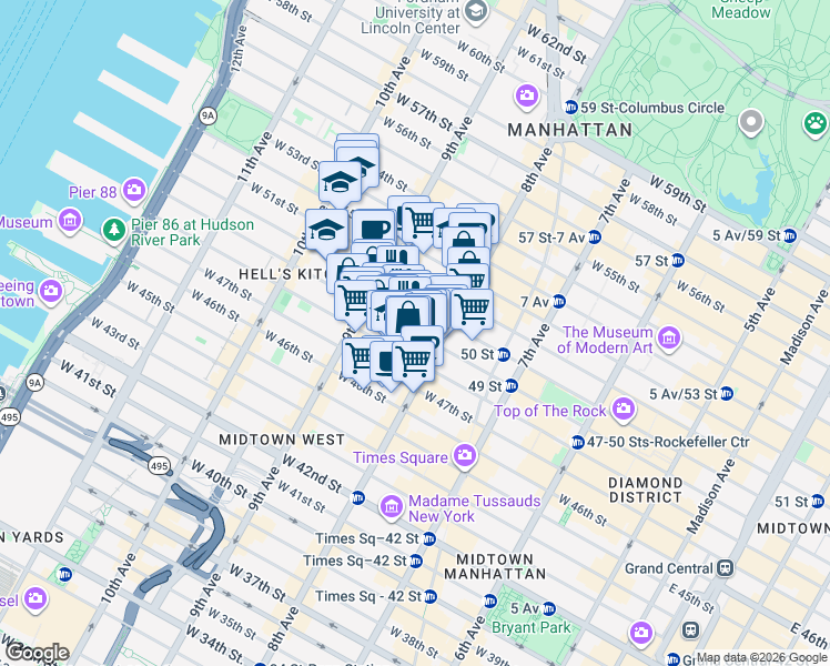 map of restaurants, bars, coffee shops, grocery stores, and more near West 49th Street in New York