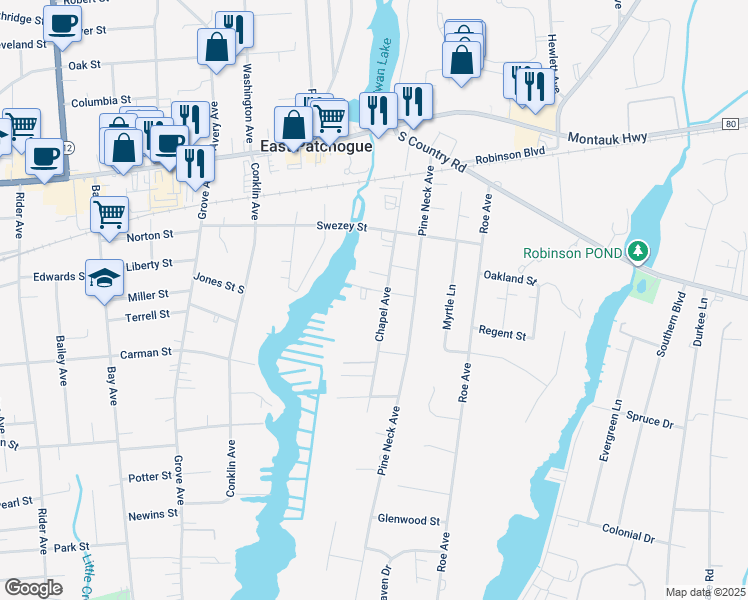 map of restaurants, bars, coffee shops, grocery stores, and more near 93 Chapel Avenue in East Patchogue