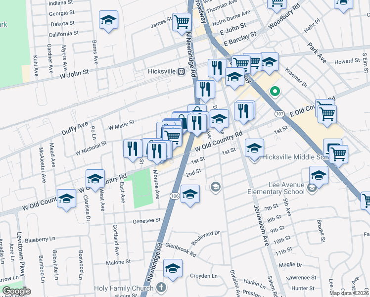map of restaurants, bars, coffee shops, grocery stores, and more near 178 West Old Country Road in Hicksville