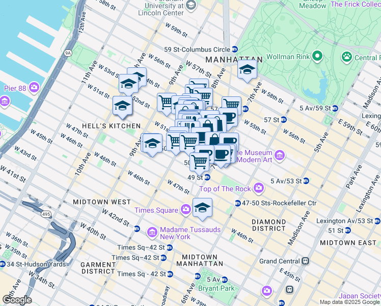 map of restaurants, bars, coffee shops, grocery stores, and more near 235 West 50th Street in New York