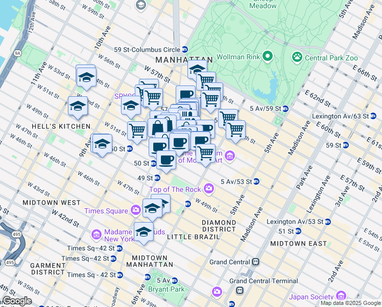 map of restaurants, bars, coffee shops, grocery stores, and more near in New York