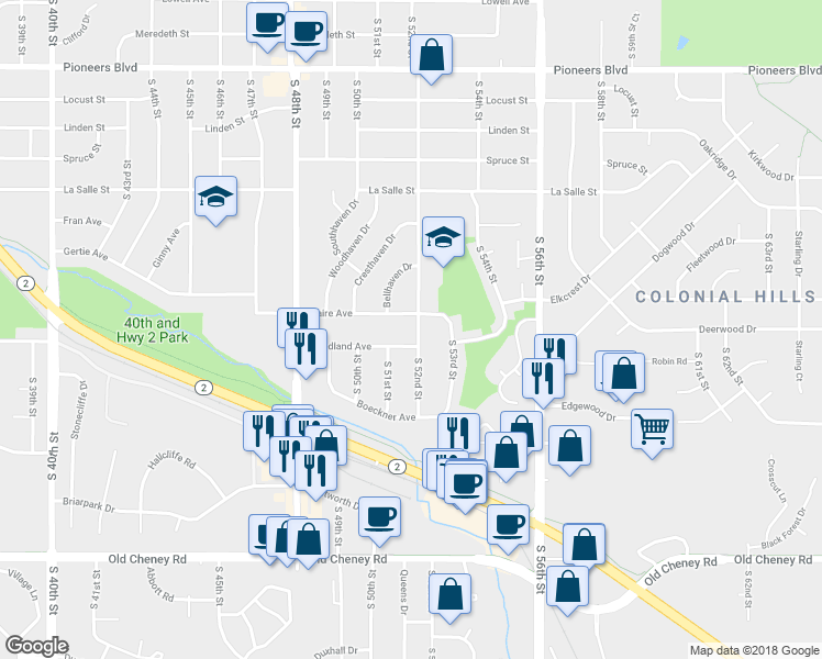 map of restaurants, bars, coffee shops, grocery stores, and more near 5115 South 52nd Street in Lincoln