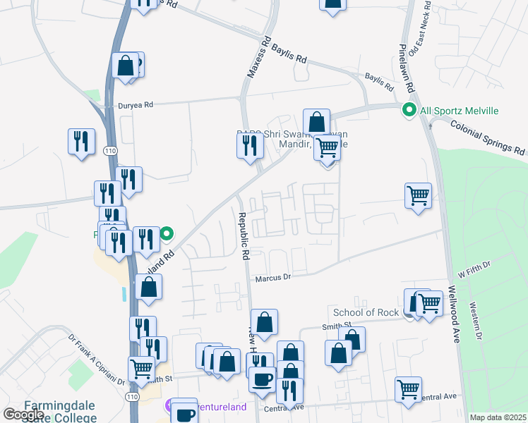 map of restaurants, bars, coffee shops, grocery stores, and more near 310 Court North Drive in Melville