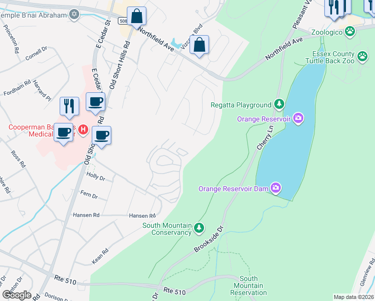 map of restaurants, bars, coffee shops, grocery stores, and more near 40 Paris Circle in West Orange