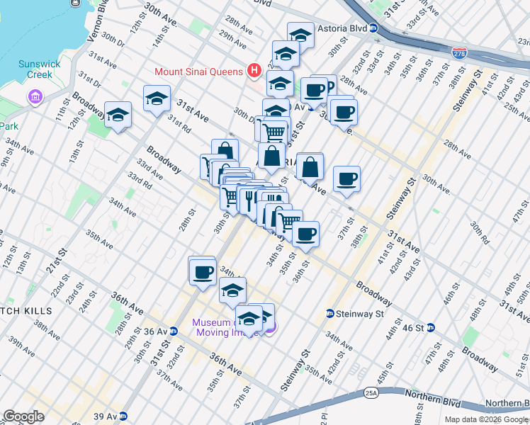 map of restaurants, bars, coffee shops, grocery stores, and more near 31-77 32nd Street in Queens
