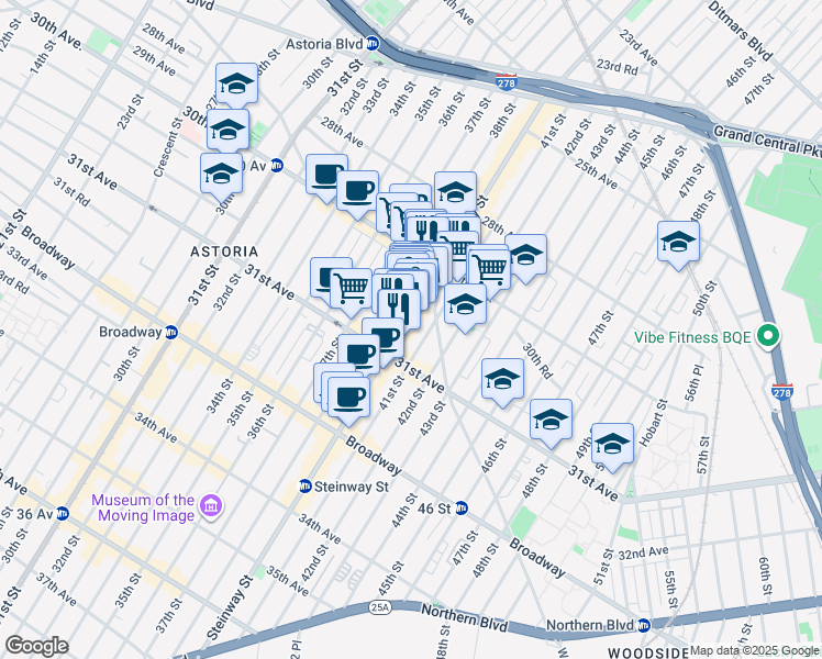 map of restaurants, bars, coffee shops, grocery stores, and more near 30-49 Steinway Street in Queens