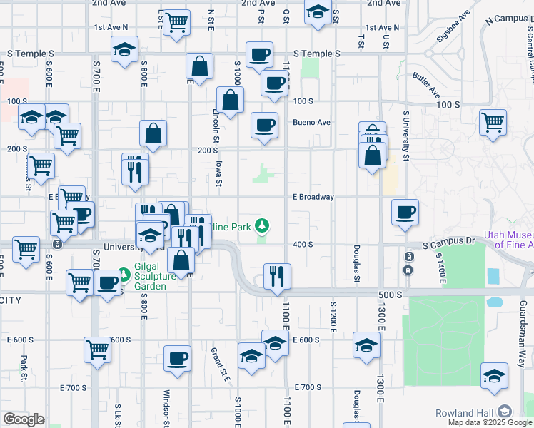 map of restaurants, bars, coffee shops, grocery stores, and more near 1042 East 300 South in Salt Lake City