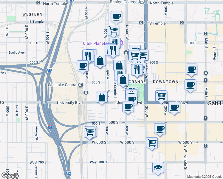 map of restaurants, bars, coffee shops, grocery stores, and more near 300 South Rio Grande Street in Salt Lake City