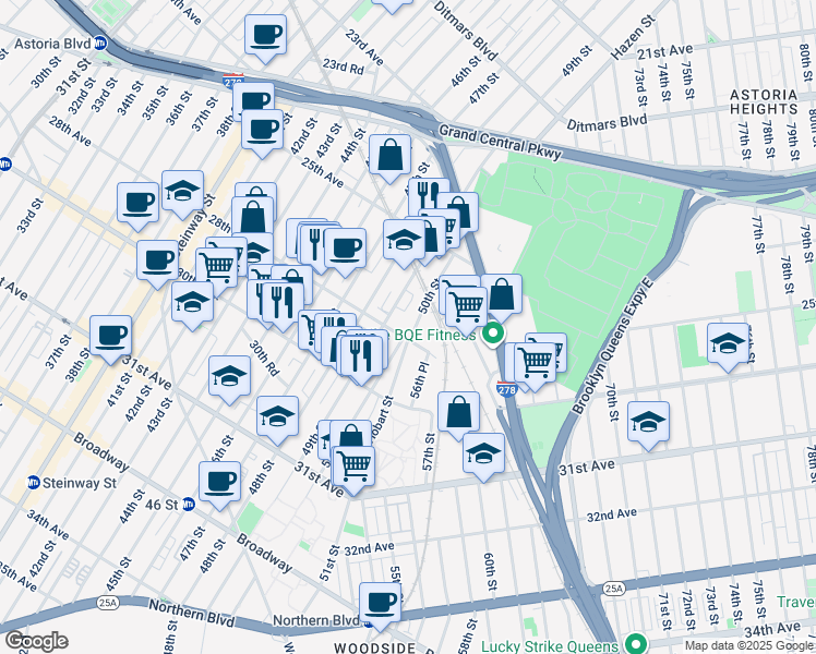map of restaurants, bars, coffee shops, grocery stores, and more near 25-65 50th Street in Queens