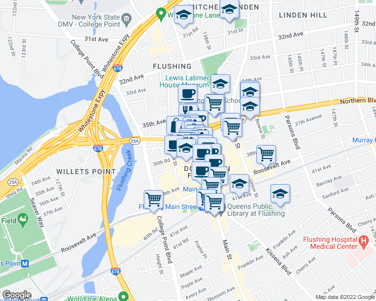 map of restaurants, bars, coffee shops, grocery stores, and more near 36-38 Main Street in Queens