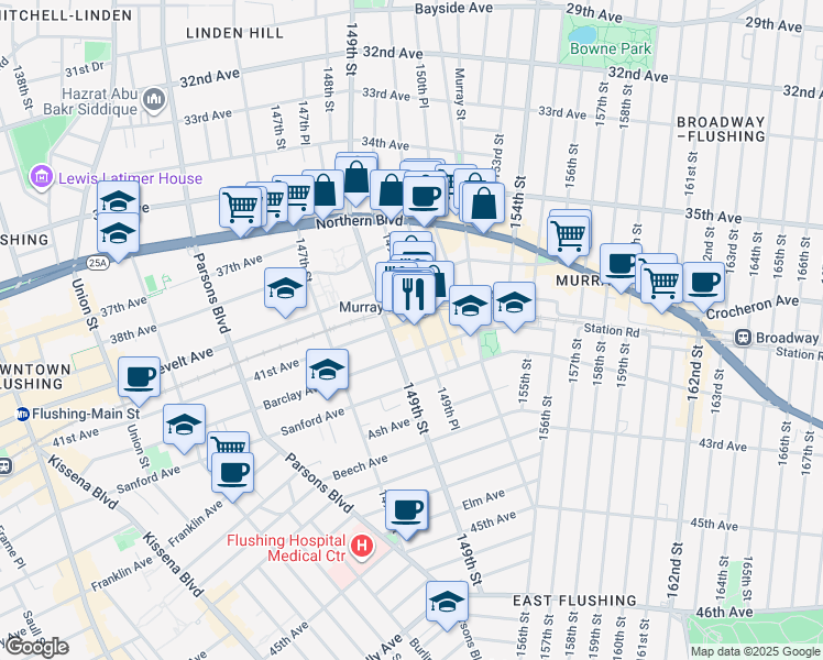 map of restaurants, bars, coffee shops, grocery stores, and more near 149-40 41st Avenue in Queens