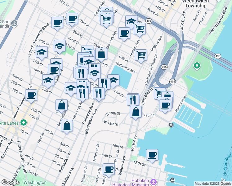 map of restaurants, bars, coffee shops, grocery stores, and more near 184 19th Street in Union City
