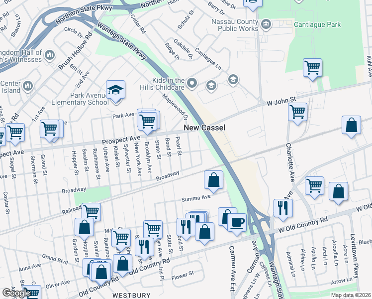 map of restaurants, bars, coffee shops, grocery stores, and more near 186 Elizabeth Street in Westbury