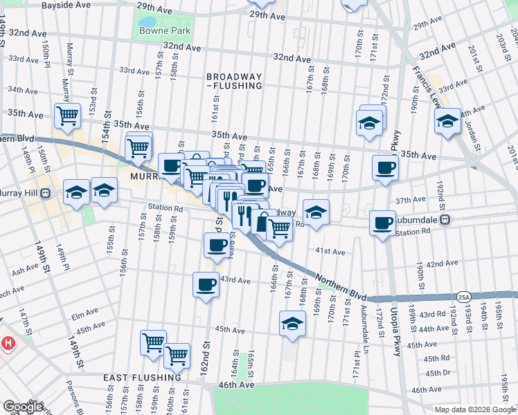 map of restaurants, bars, coffee shops, grocery stores, and more near in Queens