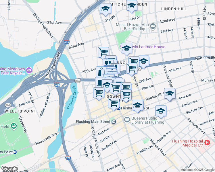 map of restaurants, bars, coffee shops, grocery stores, and more near 36-25 Main Street in Queens