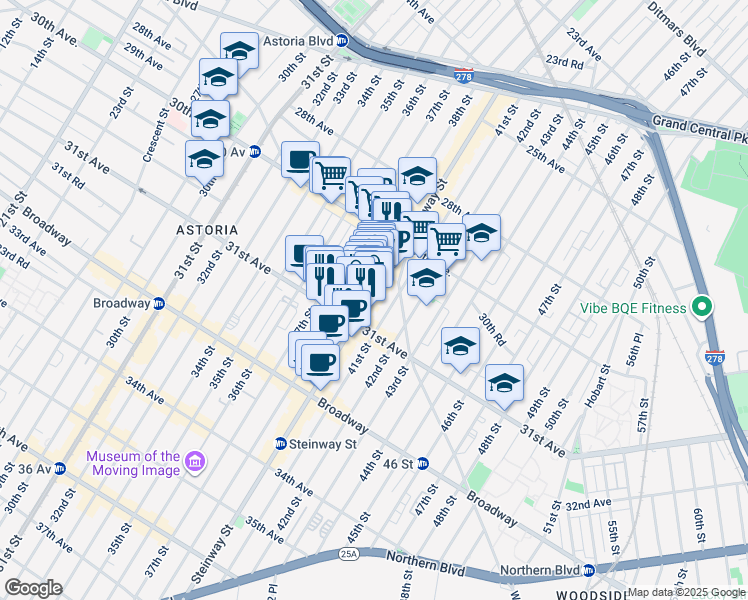 map of restaurants, bars, coffee shops, grocery stores, and more near 38-05 31st Avenue in Queens