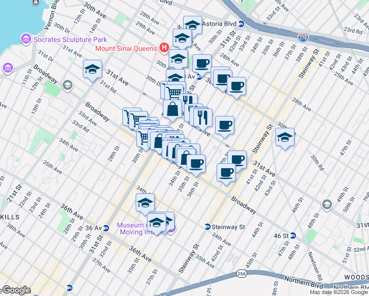 map of restaurants, bars, coffee shops, grocery stores, and more near 31-55 33rd Street in Queens