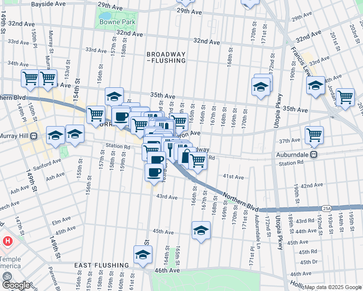 map of restaurants, bars, coffee shops, grocery stores, and more near 164-05 Depot Road in Queens