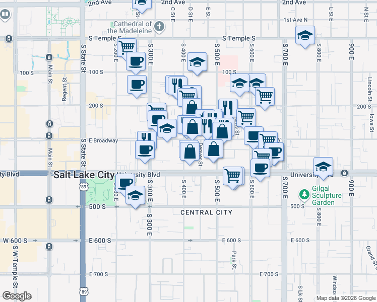 map of restaurants, bars, coffee shops, grocery stores, and more near 325 South 400 East in Salt Lake City