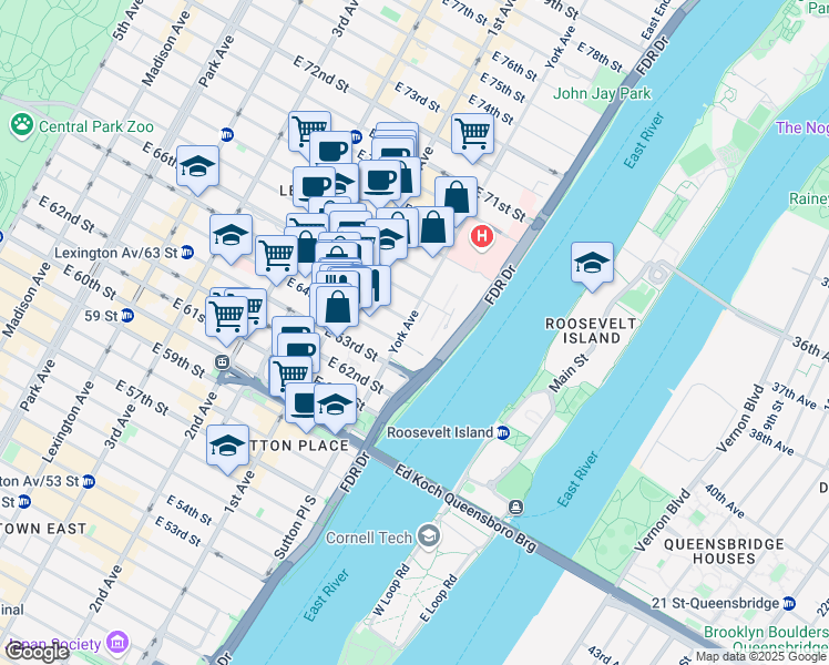 map of restaurants, bars, coffee shops, grocery stores, and more near 1230 York Avenue in New York