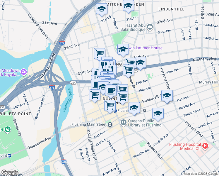 map of restaurants, bars, coffee shops, grocery stores, and more near 36-25 Main Street in Queens