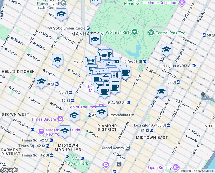 map of restaurants, bars, coffee shops, grocery stores, and more near 1361 6th Avenue in New York