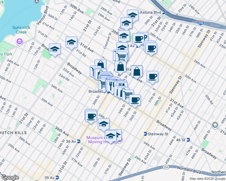 map of restaurants, bars, coffee shops, grocery stores, and more near 31-01 Broadway in Queens
