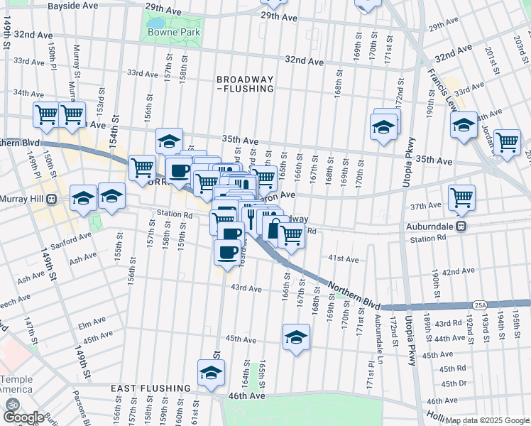 map of restaurants, bars, coffee shops, grocery stores, and more near in Queens