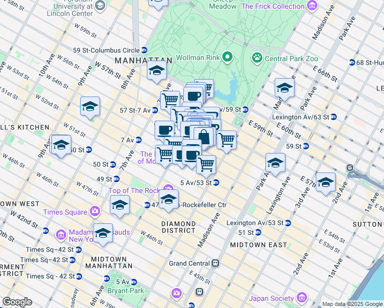 map of restaurants, bars, coffee shops, grocery stores, and more near 48 West 55th Street in New York