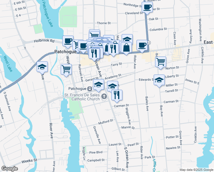 map of restaurants, bars, coffee shops, grocery stores, and more near 205 South Ocean Avenue in Patchogue
