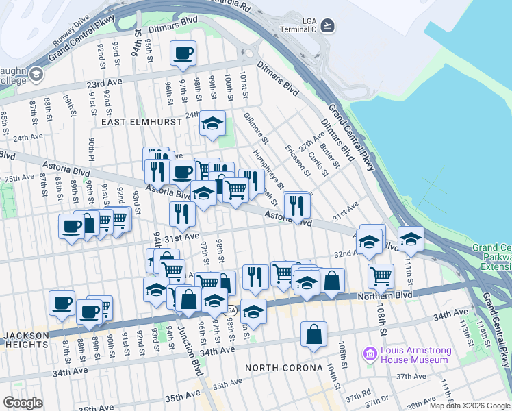 map of restaurants, bars, coffee shops, grocery stores, and more near 310 W 127th St in Queens