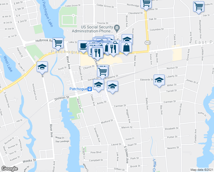 map of restaurants, bars, coffee shops, grocery stores, and more near 205 South Ocean Avenue in Patchogue