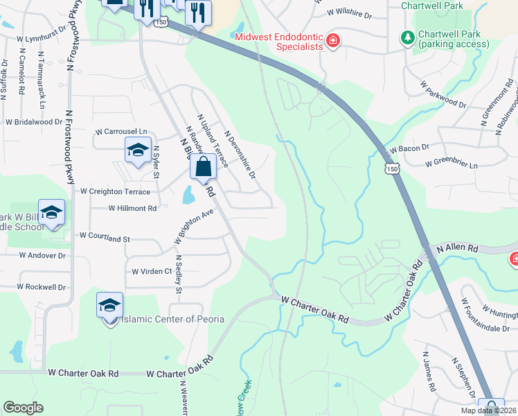 map of restaurants, bars, coffee shops, grocery stores, and more near 3708 West Warwick Drive in Peoria