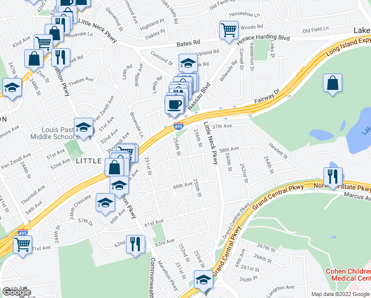 map of restaurants, bars, coffee shops, grocery stores, and more near 57-32 255th Street in Queens